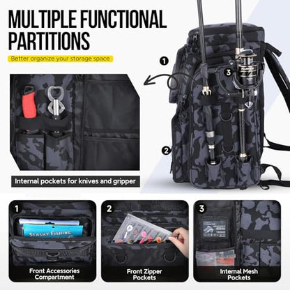 Fishing Backpack with Rod Holder, Waterproof Fishing Bag for Fishing Gear, 42L Large Capacity Tackle Box Backpack (Black Camo) - color: Black Camo