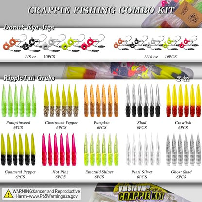 Crappie Lures Underspin Jigs Heads Worms Baits Kit, 110, 80 Pcs Crappie Fishing Jig Heads Soft Plastic Grub Swimbait for Panfish Bluegill Bass Trout Freshwater Saltwater