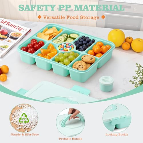 Snackle Box Container, Divided Serving Tray with Lid and Handle, 9 Compartments Snack Box Container for Adults, Portable Charcuterie Serving Platter for Candy Fruit, 9.9 Cups, Seafoam Green - color: Seafoam Green