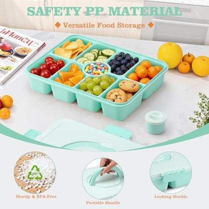 Snackle Box Container, Divided Serving Tray with Lid and Handle, 9 Compartments Snack Box Container for Adults, Portable Charcuterie Serving Platter for Candy Fruit, 9.9 Cups, Seafoam Green - color: Seafoam Green