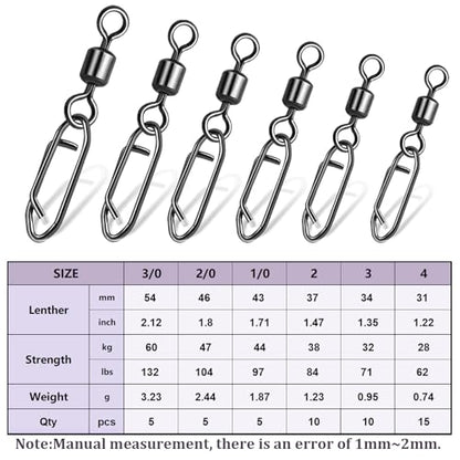 50Pcs High Strength Fishing Swivels | Ball Bearing Snap Swivels with Stainless Steel| Saltwater/Freshwater Quick-Change Snap Swivels for Catfishing Tackle,Lures - size: Black Rolling Swivel 50 Set_3/0# to 4#