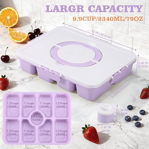 Snackle Box Container, Divided Serving Tray with Lid and Handle, 9 Compartments Snack Box Container for Adults, Portable Charcuterie Serving Platter for Candy Fruit, 9.9 Cups, Lavender - color: Lavender