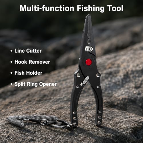 Aluminum Alloy Fishing Pliers with Cutter, Hook Removal & Split Loop Tool, Nylon Sheath Included, 300g Lightweight, Black - color: Black