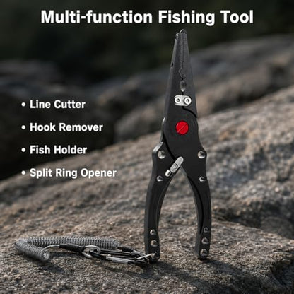 Aluminum Alloy Fishing Pliers with Cutter, Hook Removal & Split Loop Tool, Nylon Sheath Included, 300g Lightweight, Black - color: Black