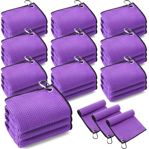 Batiyeer 30 Pcs Golf Towels Bulk for Bags 16'' x 16'' Microfiber Fabric Golf Towel with Clip Waffle Pattern for Men Mini Tournament Fitness Yoga Camping (Purple) - color: Purple