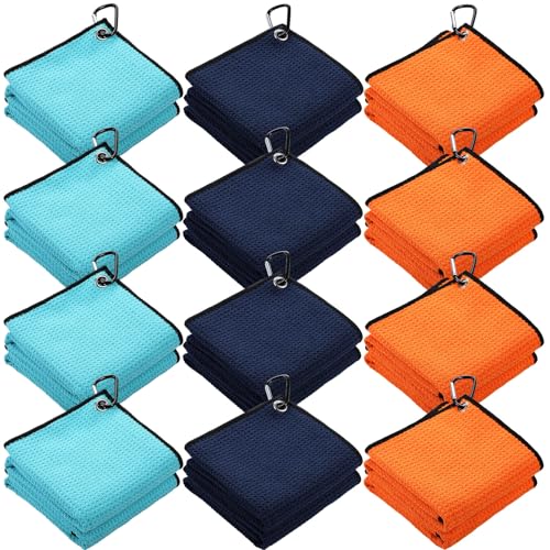 Batiyeer 12 Pcs Golf Towel Bulk for Golf Bags Microfiber Fabric Towel with Clip Waffle Pattern, Fitness, Camping, Hiking, Yoga - color: Orange, Sky Blue, Navy Blue