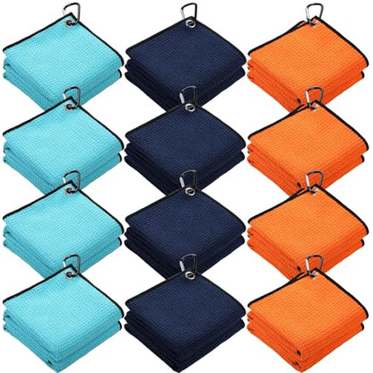 Batiyeer 12 Pcs Golf Towel Bulk for Golf Bags Microfiber Fabric Towel with Clip Waffle Pattern, Fitness, Camping, Hiking, Yoga - color: Orange, Sky Blue, Navy Blue