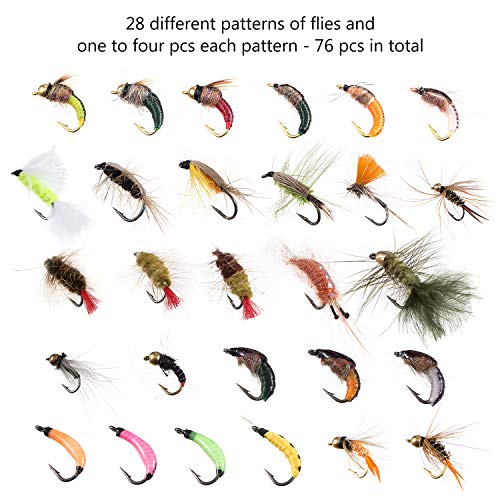 BASSDASH Fly Fishing Flies Kit Fly Assortment Trout Bass Fishing with Fly Box with Dry/Wet Flies, Nymphs, Streamers, Popper - style: 76 Pcs Assorted Trout Flies Kit