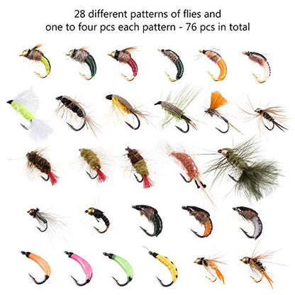 BASSDASH Fly Fishing Flies Kit Fly Assortment Trout Bass Fishing with Fly Box with Dry/Wet Flies, Nymphs, Streamers, Popper - style: 76 Pcs Assorted Trout Flies Kit