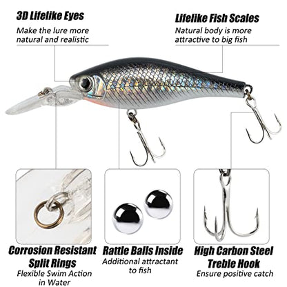 Dr.Fish 5 Pack Crankbait Lipless Minnow VIB Hardbait Sinking Bass Lure Plug Pencil Bait Chrome Laser Painting 3D Eyes Rattle Balls Treble Hook Split Ring Tackle Box Freshwater Shad Perch Walleye