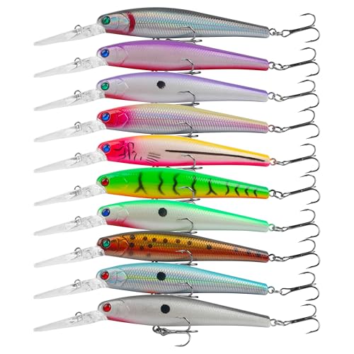 OROOTL Minnow Jerkbait Fishing Lures, 10pcs Deep Diving Jerk Baits Kit Saltwater Trolling Lures Lifelike Swimbaits Hard Lure for Bass Trout Walleye Bluefish Saltwater Freshwater