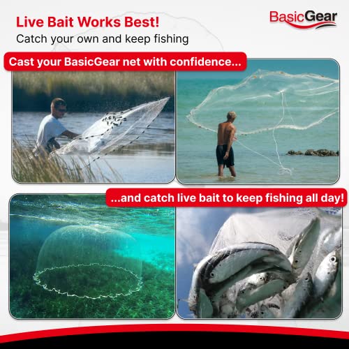 BasicGear Cast Net | Lead, 3ft-12ft Radius, 3/8 or 1/4 inch Mesh for Freshwater and Saltwater Bait Fish| Professional Grade and Upgraded Material | Throw Style - size: 5ft Radius, 1/4" Mesh