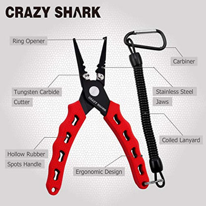 Fishing Pliers, Stainless Steel Fishing Tools, Saltwater Resistant Fishing Gear, Tungsten Carbide Cutters, Split Ring Pliers, Hook Remover with Coiled Lanyard and Sheath - color: Red B - 6" Split Ring Nose