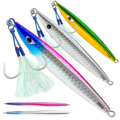 Fishing Jigs Vertical Saltwater Jigs Vertical Jigging Spoon Fishing Tuna Lures Boat Fishing Artificial Lures for Tuna, Grouper, Dogtooth, Snapper, Bass, Salmon/60g, 80g,120g - color: 3pcs-multicoloured