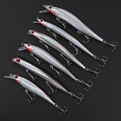 Saltwater Fishing Lures Kit, 6pcs Surf Fishing Sriper Lures Minnow Lures Deep Diving Jerkbait Crankbait Popper Plugs Hard Baits with Treble Hooks for Inshore Offshore Ocean Deep Sea Fishing