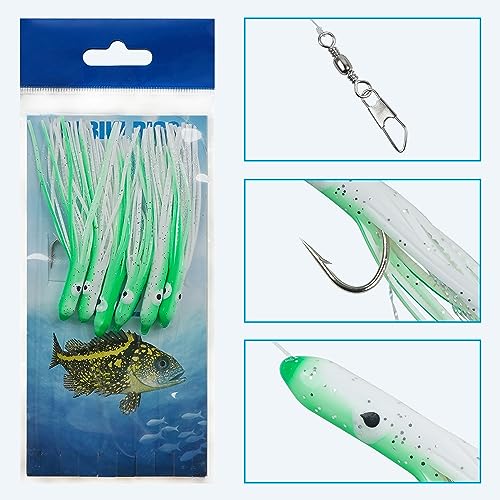 Fishing Bait Rigs Saltwater Set, 6 Packs Squid Bait Lure Rigs Surf Fishing Rigs with Glow Soft Squid Skirt Hook Swivel Snap for Freshwater Saltwater