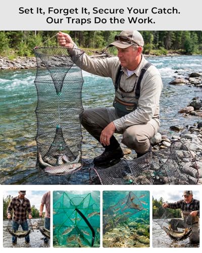 3 Pack Collapsible Hexagon Crab Trap, Cylindrical Crawfish & Bait Trap 12"x21" with 1" Entry Holes, Lobster Shrimp Minnow Net, Portable Foldable Galvanized Steel Traps