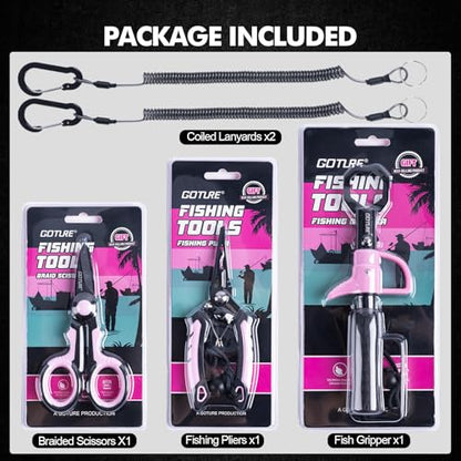 Goture Fishing Tool Kit,Fishing Pliers,Fillet Knife with Sheath,Fish Lip Gripper,Fish Hook Remover,Lanyard,Line Scissors,Sharpener,Stainless Steel Soap,Saltwater Gear Kit,Red/Pink,Gifts for Men/Women - color: B2:5pcs Pink Fishing Tool Kit