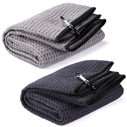 2 Pack 16" x 24" Tri-fold Golf Towel Set, Microfiber Fabric Waffle Pattern Towels, Heavy Duty Carabiner Clip (2 Pcs, 2 Colors) - color: 1: All Black + Grey (Black Edge)