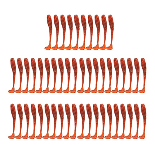 50PCS Fishing Lures Bass Worm Bait, 5cm Soft Plastic Fishing Lures T Tail Grub Worm Baits Fish Tackle Accessory - color: Red