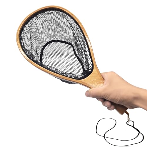 Small Wooden Frame Fly Fishing Landing Net With Soft Rubber Mesh for Trout Bass Catch and Release - Fishing Gear - color: Straight Handle