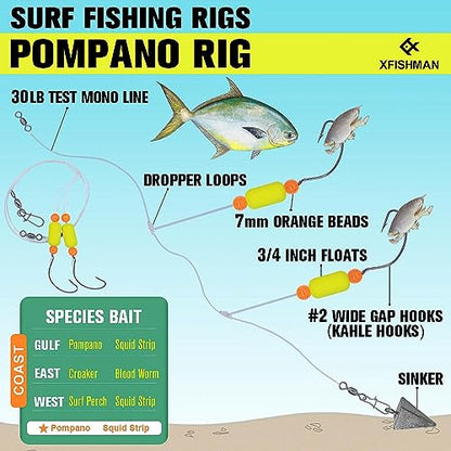Pompano-Rigs-for-Surf-Fishing-Saltwater-Gear with Double Circle & Wide Gap Hook-6-Pack Surf Fishing Tackle - color: Neon Yellow 6-Pack, size: #2 Wide Gap Hook