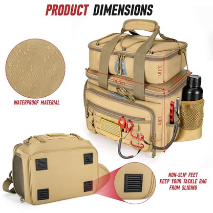 Fishing Tackle Bag, Equipped With 4 Tackle Boxes and Detachable Reel Storage Pouch, Waterproof Fishing Gear Organizer, Adjustable Shoulder Strap Fishing Bags for Saltwater & Freshwater - color: Solid khaki-4 Tackle Boxes