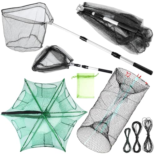 Windyun 3 Pcs Foldable Fishing Net Landing Net with Telescoping Pole Handle Collapsible Crab Trap Hexagon Fishing Bait Trap with Rope and Lure Bag for Crab Crayfish Shrimp - color: Gray Green