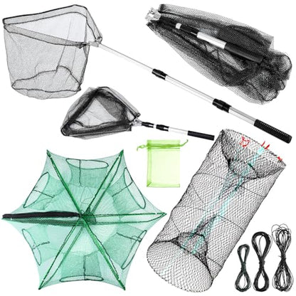 Windyun 3 Pcs Foldable Fishing Net Landing Net with Telescoping Pole Handle Collapsible Crab Trap Hexagon Fishing Bait Trap with Rope and Lure Bag for Crab Crayfish Shrimp - color: Gray Green