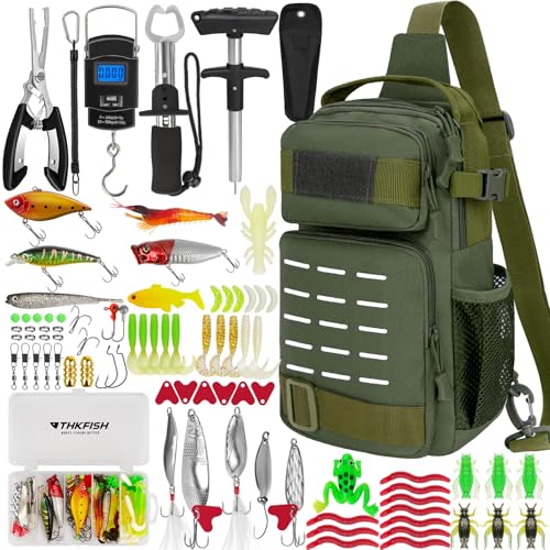 THKFISH 85Pcs Fishing Tool Kit, Fishing Backpack with Tackle Boxes Included, Fishing Tackle Kit Include Fishing Bait Lure Gear Kit, Fishing Pliers, Fish Hook Remover, Lip Gripper - color: Army Green