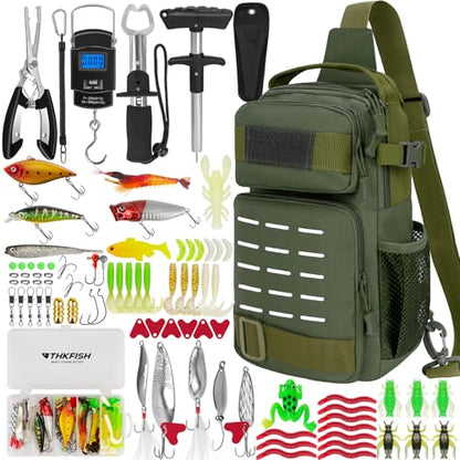 THKFISH 85Pcs Fishing Tool Kit, Fishing Backpack with Tackle Boxes Included, Fishing Tackle Kit Include Fishing Bait Lure Gear Kit, Fishing Pliers, Fish Hook Remover, Lip Gripper - color: Army Green