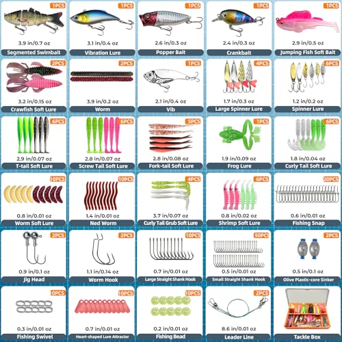 Fishing Lures - Fishing Kit Included 193Pcs Fishing Accessories and Tackle Box, Frogs, Minnows, Soft Baits, Hooks & Weights Accessories Gear Gift for Men Freshwater Bass Trout
