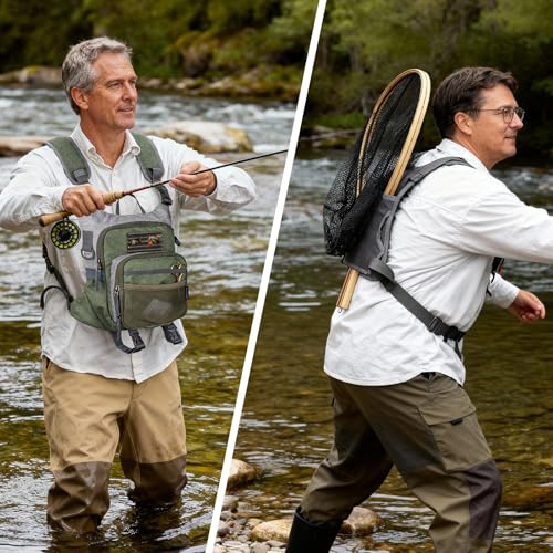 QulayQualy Fly Fishing Pack - Chest Pack with Work Station Lightweight Tackle Fishing Bag with Quick-Release (Green, L-12'' w/Cup Sleeve) - color: Green, size: L-12''