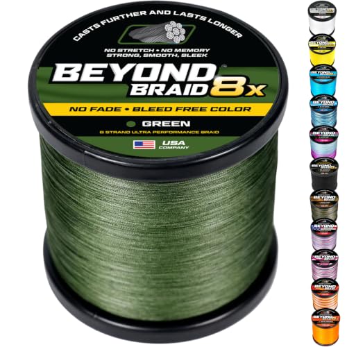 Beyond Braid Braided Fishing Line -Super Strong - Abrasion Resistant - No Stretch -Blue Camo, Moss Camo, White, Green, Pink, Blue, 4 Strand 8 Strand - color: Green 8X - No Fade, size: 20LB (150 Yards)