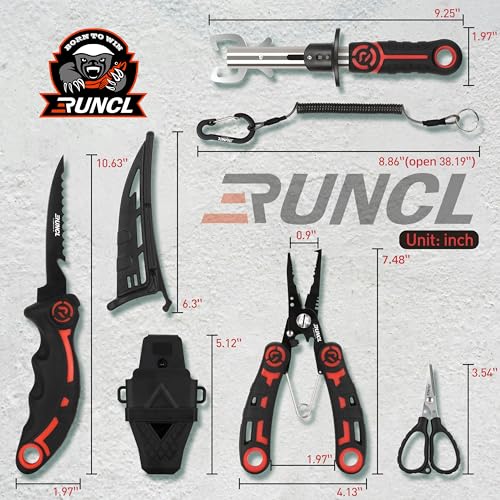 RUNCL 4pc Fishing Tool Kit- Fishing Pliers, Fish Fillet Knife with Sharpener, Fish Lip Gripper, Fishing Braid Scissors, Saltwater Fishing Gear and Equipment with Sheath/Lanyard, Fishing Gifts for Men - size: 5 inch