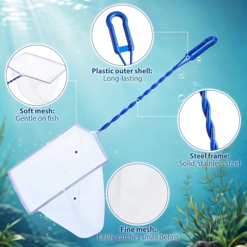 6 Pack Aquarium Fish Nets Blue Soft Fine Nylon Mesh with Spiral Plastic Handle & Iron Frame, Durable Fish Catch Net for Tank Cleaning, Fry, Pond and Stream - size: 4 In,6 In,8"