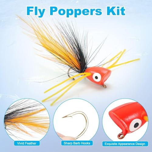 Fly Fishing Poppers Flies, Fly Popper Lures Bass Bluegill Crappie Trout Salmon Panfish Perch Popper Flies Kit for Fly Fishing - color: 12pcs 3 Size Popper Flies