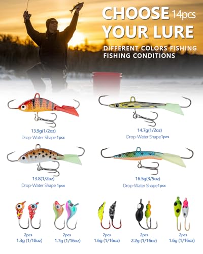 THKFISH Ice Fishing Lures Ice Fishing Jigs Ice Fishing Gear Hard Fishing Lures and Jigs Walleye Ice Fishing Kit Crappie Panfish Pike Jigs,14/26/40PCS - color: C-14PCS
