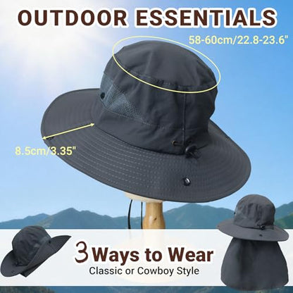 PFFY Sun Bucket Hats for Men Women Fishing Hat UV Protection Wide Brim Beach Safari Hat with Neck Flap - color: Brown (With Neck Flap)