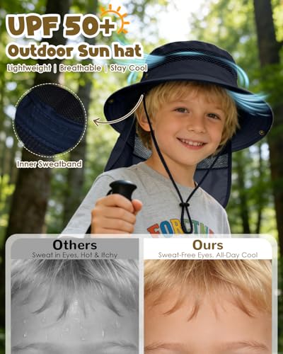 Century Star Kids Sun Hat with Detachable Neck Flap,UPF 50+ Windproof Waterproof Beach Bucket Hat Outdoor Fishing Safari - color: Navy Blue