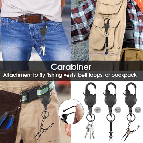 Fly Fishing Zinger Retractor,26" Stainless Steel Wire Rope, with Integrated Line Cutter and Magnetic Closure,360° Rotation Keychain & Carabiner Clip for Fly Fishing,Cycling,Hiking - style: 2 BLACK