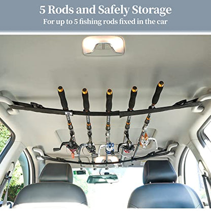 Raynesys Vehicle Fishing Rod Holder, Car Fishing Pole Roof Rack Inside, 5 Rod Capacity, Heavy Duty Adjustable 30-54 Inch, Fishing Rod Carrier Fishing Pole Storage Straps for Truck Car SUV Wagons Van