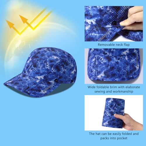 BASSDASH UPF 50+ Foldable Fishing Hat Baseball Cap with Removable Neck Flap Portable for Men Women Golf Hiking - color: Blue Camo With Foldable Brim