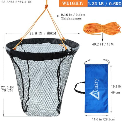 Drasry Foldable Bridge and Pier Fishing Landing Net - High Load-Bearing Aluminum Ring Drop Net for Saltwater Freshwater - Collapsible Basket With 49.2 FT Rope - color: black, size: 23.6*23.6*27.5 IN / 60*60*70cm, style: 0.99*0.59 in Mesh