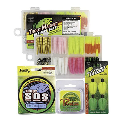 Trout Magnet Ultimate Bundle - 82 pc Trout Fishing Gear Kit - 350 Yard Trout S.O.S. Monofilament Fishing Line, Phantom Fluorocarbon Leader Line, 4 E-ZTrout Floats