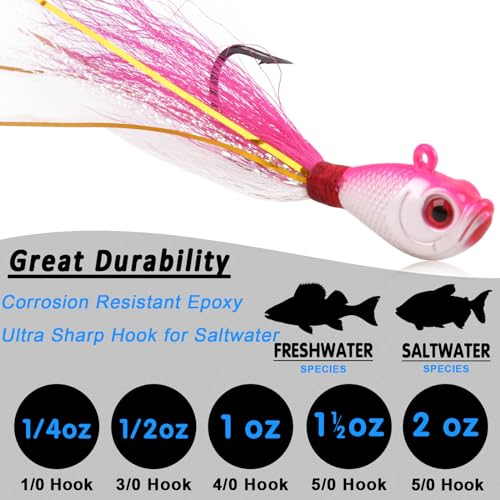 Bucktail Jigs Saltwater Fishing Lures Bucktail Fishing Jigs Surf Fishing Lure Swimbait Jig Heads Hook for Bass Walleye Flounder Striper 1/4oz 1/2oz 1oz 1.5oz 2oz - size: 1.5oz-5pcs