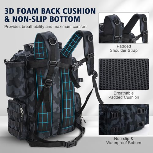 Goture Fishing Backpack with 4 Tackle Boxes,45L 600D Tackle Backpack with Rod Holders,8 Lure Pockets,Rain Cover,Large Fishing Bag Saltwater Gear Storage Bag for Camping Hiking - color: A1:45L Camo(With 4 3600 Tackle Boxes)