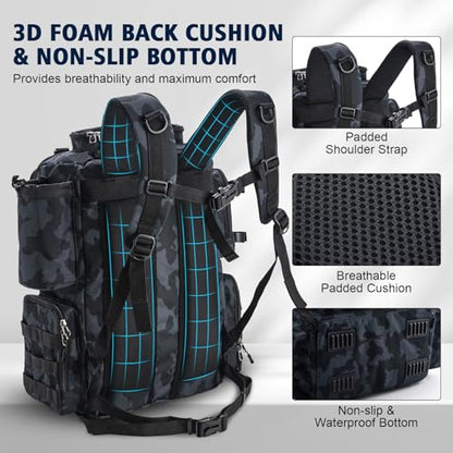 Goture Fishing Backpack with 4 Tackle Boxes,45L 600D Tackle Backpack with Rod Holders,8 Lure Pockets,Rain Cover,Large Fishing Bag Saltwater Gear Storage Bag for Camping Hiking - color: A1:45L Camo(With 4 3600 Tackle Boxes)