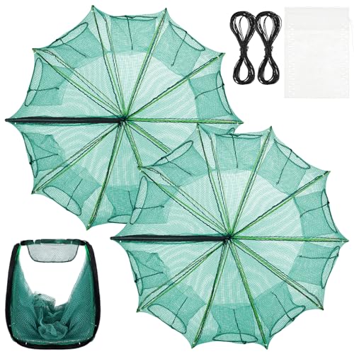Windyun 2 Pcs Foldable Shrimp Trap 32 x 10 Inches Fishing Trap 10 Holes 10 Sides Portable Fishing Bait Nets for Minnow Crayfish Shrimp Crawdad Bait Accessories with Rope, Bag