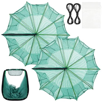 Windyun 2 Pcs Foldable Shrimp Trap 32 x 10 Inches Fishing Trap 10 Holes 10 Sides Portable Fishing Bait Nets for Minnow Crayfish Shrimp Crawdad Bait Accessories with Rope, Bag